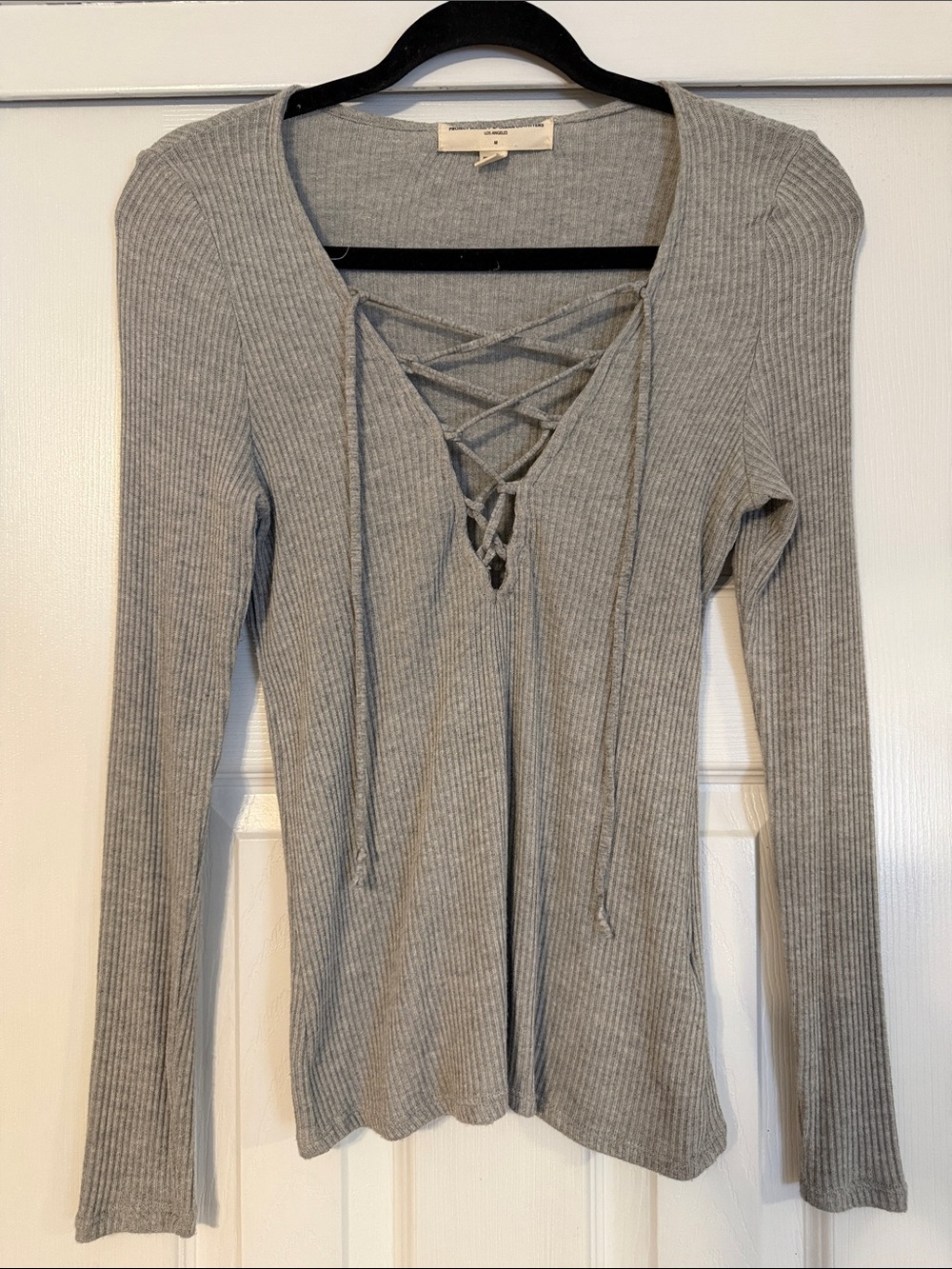 Urban Outfitters Ribbed Lace-Up Long Sleeve Top - Gray